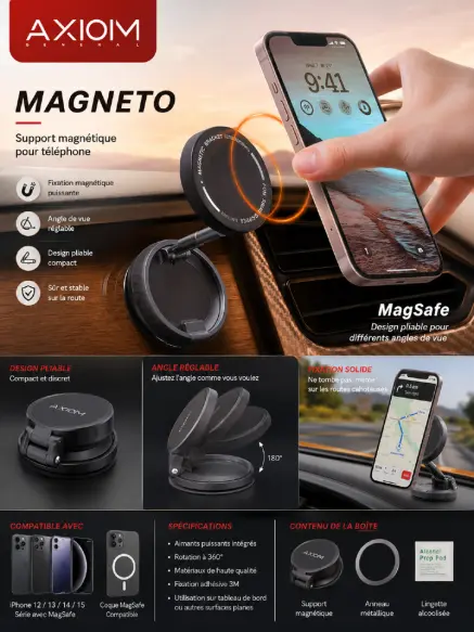 Support Voiture Magnétique Pliable AXIOM Magneto - Compatible MagSafe & Multiaugle
