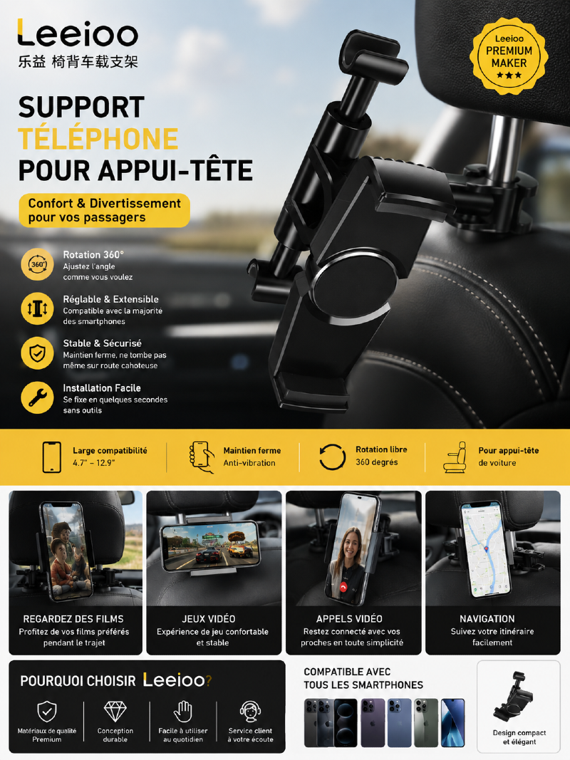 Support Voiture Appui-Tête Smartphone Tablette Leeioo