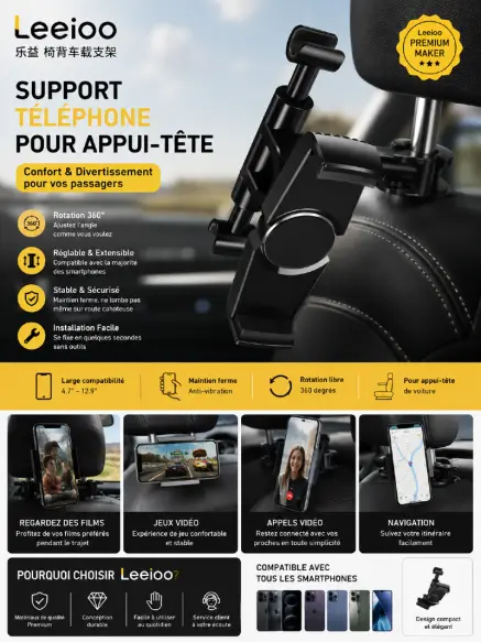 Support Smartphone & Tablette pour Appui-Tête de Voiture Leeioo - Fixation Siège Arrière
