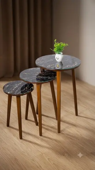 3 Tables rondes en bois effet marbre