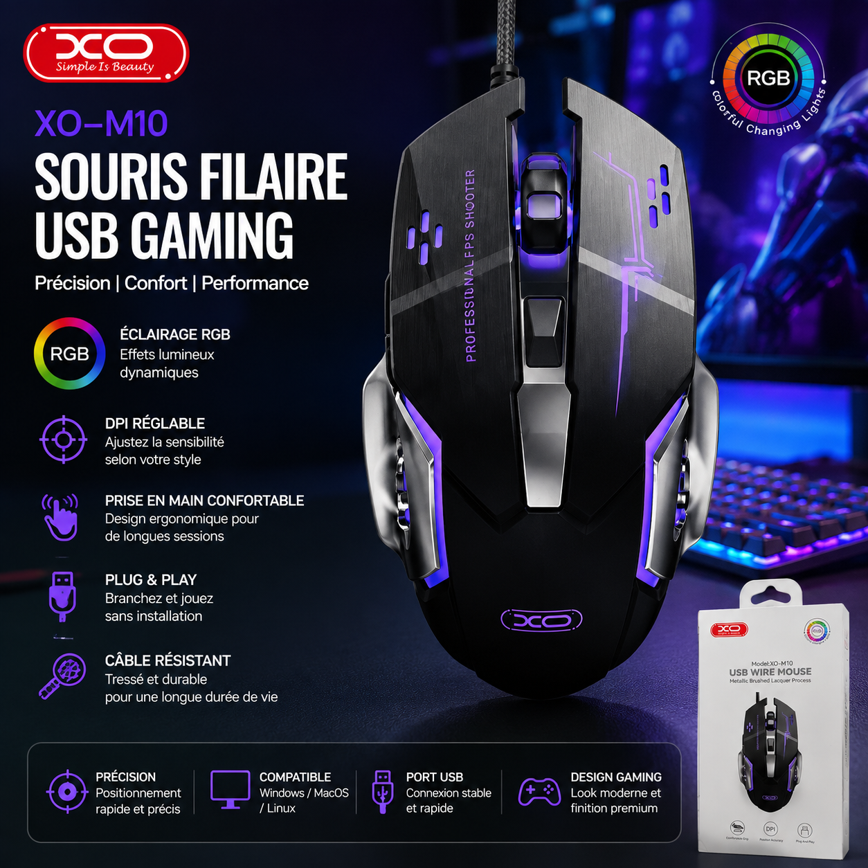 Souris Gamer Filaire XO M10 USB RGB
