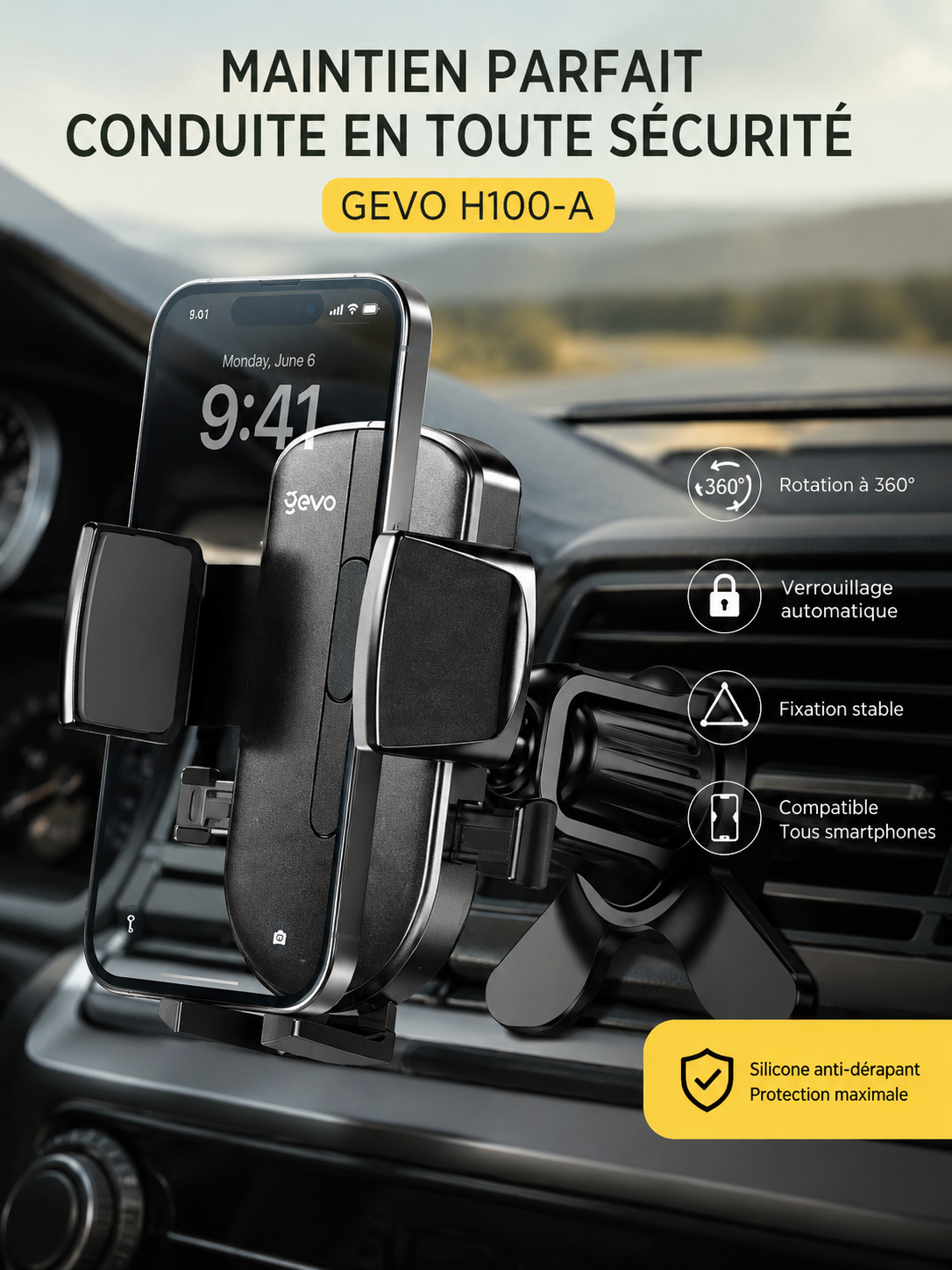 Support Téléphone Voiture Gevo H100-A - Grille d'Aération