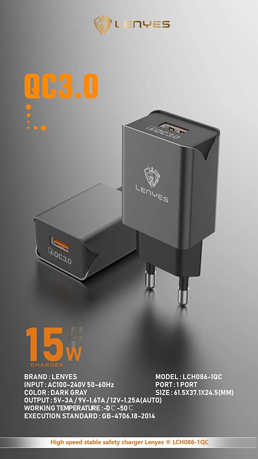 Lenyes LCH086I QC 3.0 USB chargeur universel avec câble 3A